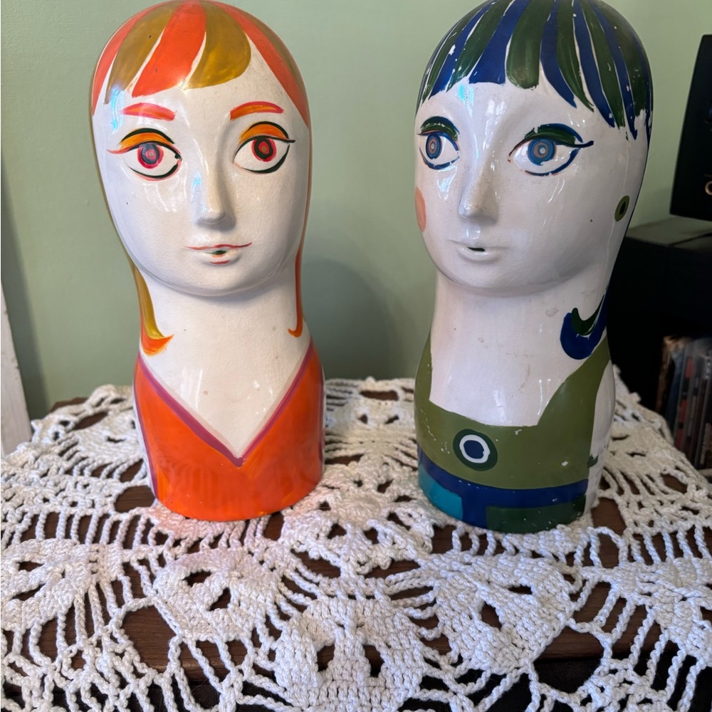 2 Rare Vintage 1970s Ceramic Mod Girl Head Figurines, Takahashi Japan